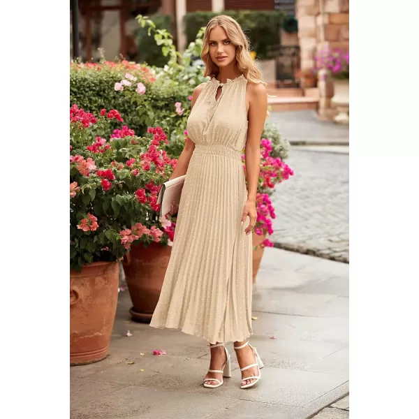 imagePRETTYGARDEN Womens Midi Summer Dresses Casual V Neck Swiss Dot Ruffle Sleeveless A Line Beach Sun DressApricot