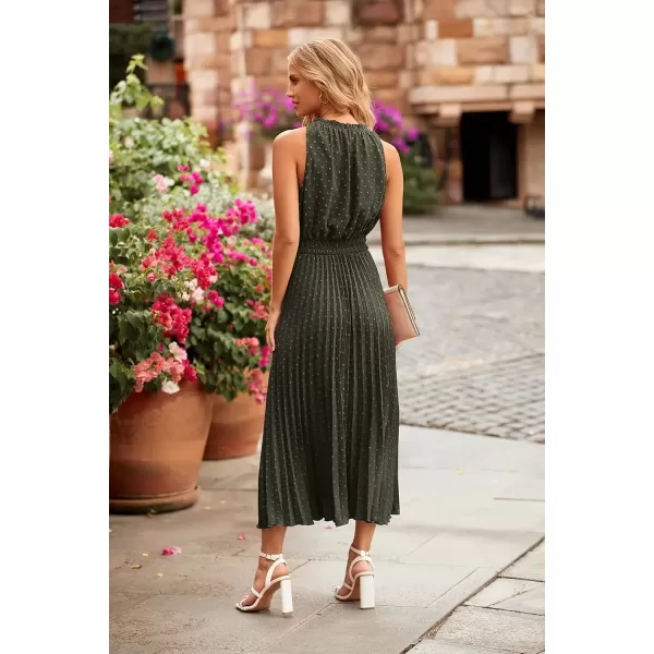 imagePRETTYGARDEN Womens Midi Summer Dresses Casual V Neck Swiss Dot Ruffle Sleeveless A Line Beach Sun DressArmy Green