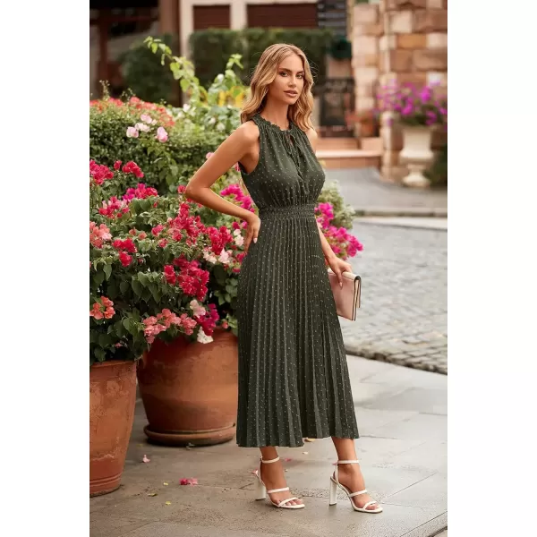 imagePRETTYGARDEN Womens Midi Summer Dresses Casual V Neck Swiss Dot Ruffle Sleeveless A Line Beach Sun DressArmy Green