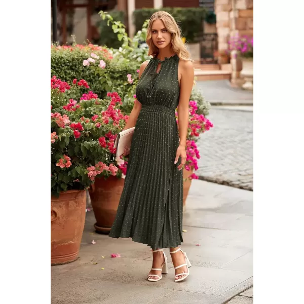 imagePRETTYGARDEN Womens Midi Summer Dresses Casual V Neck Swiss Dot Ruffle Sleeveless A Line Beach Sun DressArmy Green