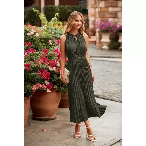 imagePRETTYGARDEN Womens Midi Summer Dresses Casual V Neck Swiss Dot Ruffle Sleeveless A Line Beach Sun DressArmy Green