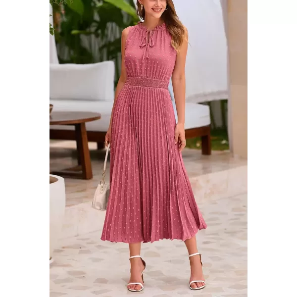 imagePRETTYGARDEN Womens Midi Summer Dresses Casual V Neck Swiss Dot Ruffle Sleeveless A Line Beach Sun DressBean Paste Red