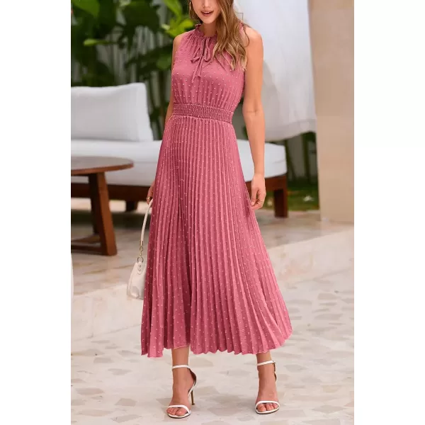 imagePRETTYGARDEN Womens Midi Summer Dresses Casual V Neck Swiss Dot Ruffle Sleeveless A Line Beach Sun DressBean Paste Red