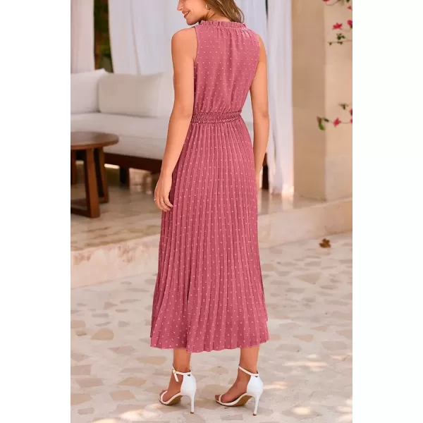 imagePRETTYGARDEN Womens Midi Summer Dresses Casual V Neck Swiss Dot Ruffle Sleeveless A Line Beach Sun DressBean Paste Red