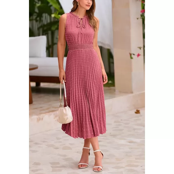 imagePRETTYGARDEN Womens Midi Summer Dresses Casual V Neck Swiss Dot Ruffle Sleeveless A Line Beach Sun DressBean Paste Red