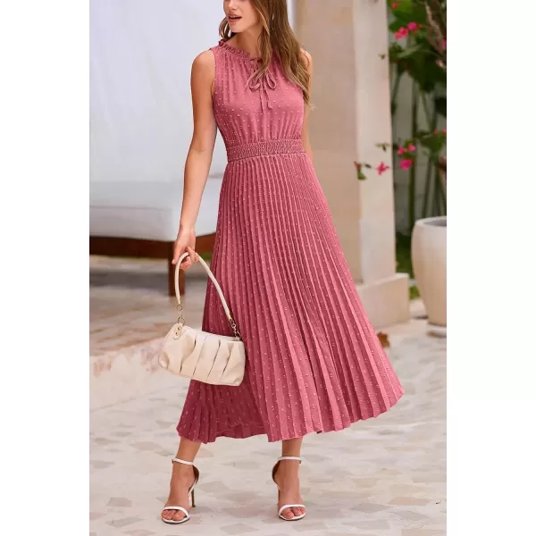 imagePRETTYGARDEN Womens Midi Summer Dresses Casual V Neck Swiss Dot Ruffle Sleeveless A Line Beach Sun DressBean Paste Red