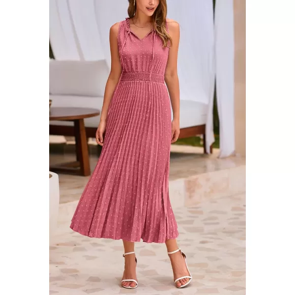 imagePRETTYGARDEN Womens Midi Summer Dresses Casual V Neck Swiss Dot Ruffle Sleeveless A Line Beach Sun DressBean Paste Red