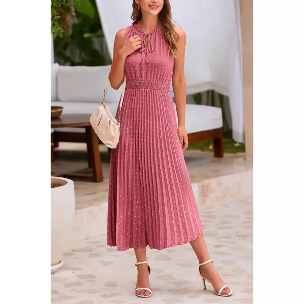 imagePRETTYGARDEN Womens Midi Summer Dresses Casual V Neck Swiss Dot Ruffle Sleeveless A Line Beach Sun DressBean Paste Red