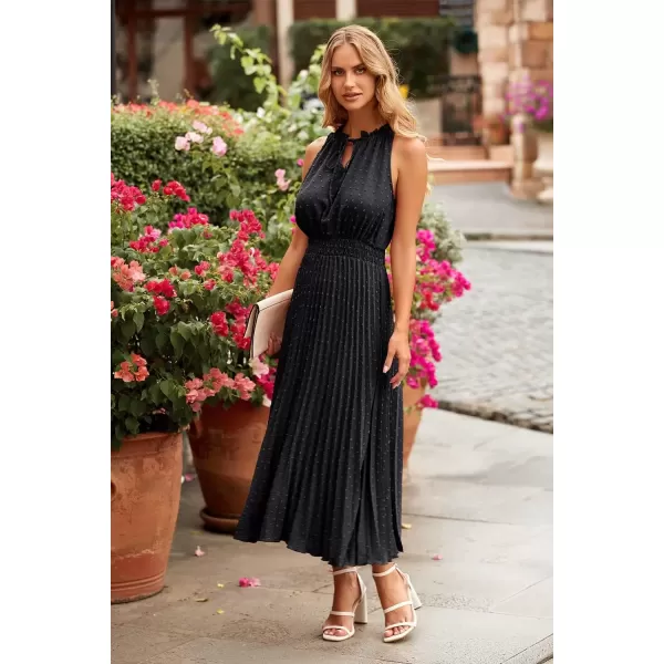imagePRETTYGARDEN Womens Midi Summer Dresses Casual V Neck Swiss Dot Ruffle Sleeveless A Line Beach Sun DressBlack