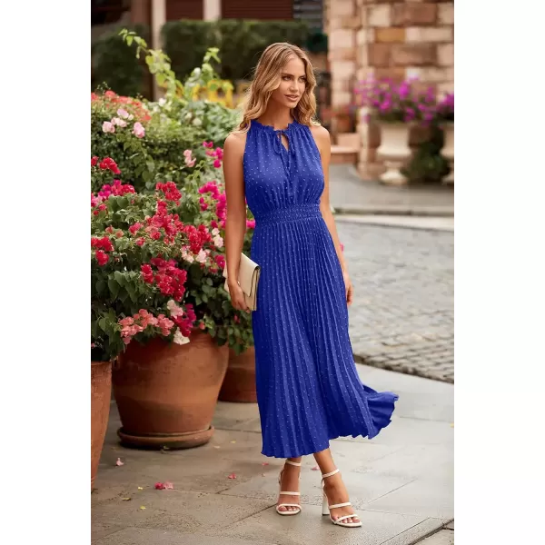 imagePRETTYGARDEN Womens Midi Summer Dresses Casual V Neck Swiss Dot Ruffle Sleeveless A Line Beach Sun DressBlue