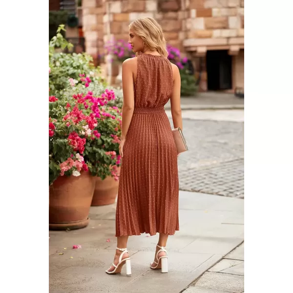 imagePRETTYGARDEN Womens Midi Summer Dresses Casual V Neck Swiss Dot Ruffle Sleeveless A Line Beach Sun DressBrick Red