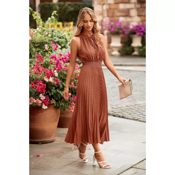imagePRETTYGARDEN Womens Midi Summer Dresses Casual V Neck Swiss Dot Ruffle Sleeveless A Line Beach Sun DressBrick Red