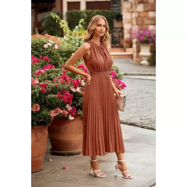 imagePRETTYGARDEN Womens Midi Summer Dresses Casual V Neck Swiss Dot Ruffle Sleeveless A Line Beach Sun DressBrick Red