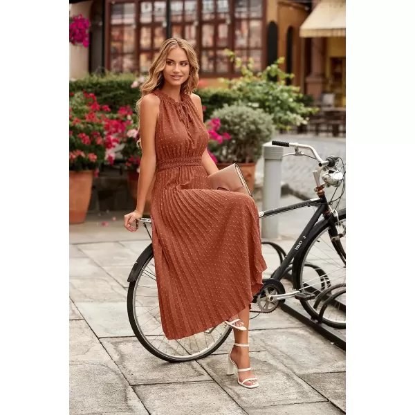 imagePRETTYGARDEN Womens Midi Summer Dresses Casual V Neck Swiss Dot Ruffle Sleeveless A Line Beach Sun DressBrick Red