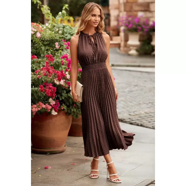 imagePRETTYGARDEN Womens Midi Summer Dresses Casual V Neck Swiss Dot Ruffle Sleeveless A Line Beach Sun DressBrown