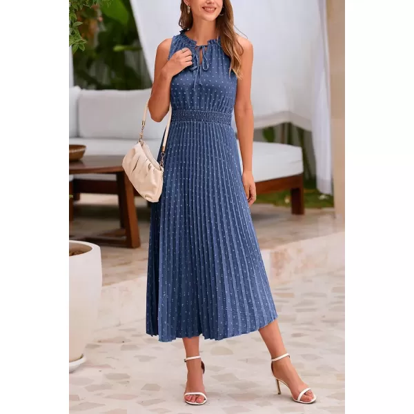 imagePRETTYGARDEN Womens Midi Summer Dresses Casual V Neck Swiss Dot Ruffle Sleeveless A Line Beach Sun DressGrey Blue