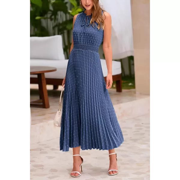 imagePRETTYGARDEN Womens Midi Summer Dresses Casual V Neck Swiss Dot Ruffle Sleeveless A Line Beach Sun DressGrey Blue
