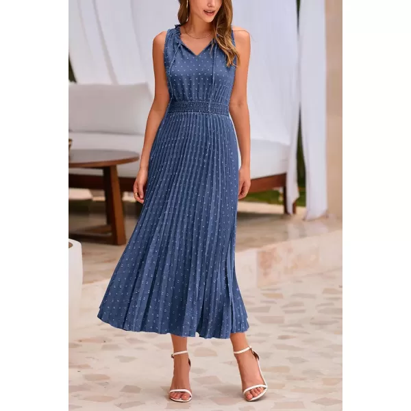 imagePRETTYGARDEN Womens Midi Summer Dresses Casual V Neck Swiss Dot Ruffle Sleeveless A Line Beach Sun DressGrey Blue