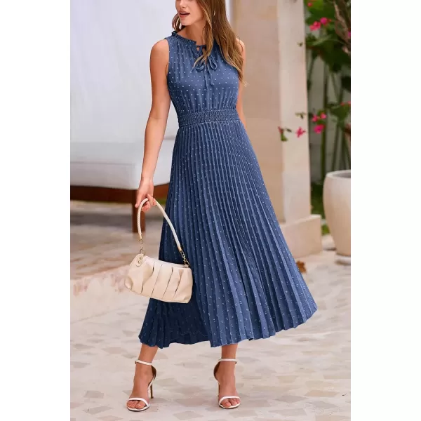 imagePRETTYGARDEN Womens Midi Summer Dresses Casual V Neck Swiss Dot Ruffle Sleeveless A Line Beach Sun DressGrey Blue