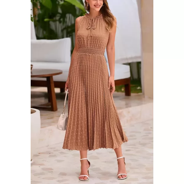 imagePRETTYGARDEN Womens Midi Summer Dresses Casual V Neck Swiss Dot Ruffle Sleeveless A Line Beach Sun DressKhaki