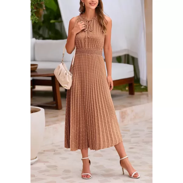 imagePRETTYGARDEN Womens Midi Summer Dresses Casual V Neck Swiss Dot Ruffle Sleeveless A Line Beach Sun DressKhaki