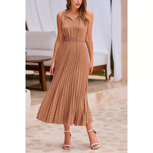 imagePRETTYGARDEN Womens Midi Summer Dresses Casual V Neck Swiss Dot Ruffle Sleeveless A Line Beach Sun DressKhaki
