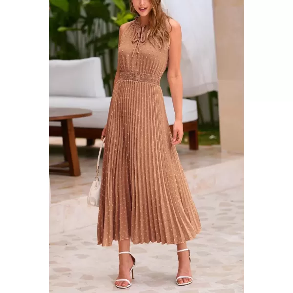 imagePRETTYGARDEN Womens Midi Summer Dresses Casual V Neck Swiss Dot Ruffle Sleeveless A Line Beach Sun DressKhaki