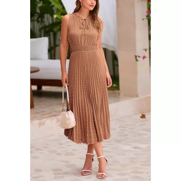 imagePRETTYGARDEN Womens Midi Summer Dresses Casual V Neck Swiss Dot Ruffle Sleeveless A Line Beach Sun DressKhaki