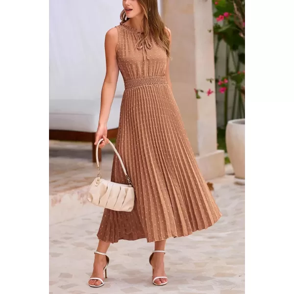 imagePRETTYGARDEN Womens Midi Summer Dresses Casual V Neck Swiss Dot Ruffle Sleeveless A Line Beach Sun DressKhaki