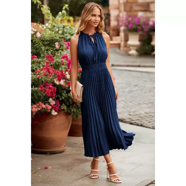 imagePRETTYGARDEN Womens Midi Summer Dresses Casual V Neck Swiss Dot Ruffle Sleeveless A Line Beach Sun DressNavy