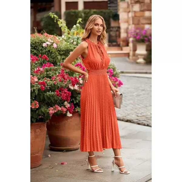 imagePRETTYGARDEN Womens Midi Summer Dresses Casual V Neck Swiss Dot Ruffle Sleeveless A Line Beach Sun DressOrange