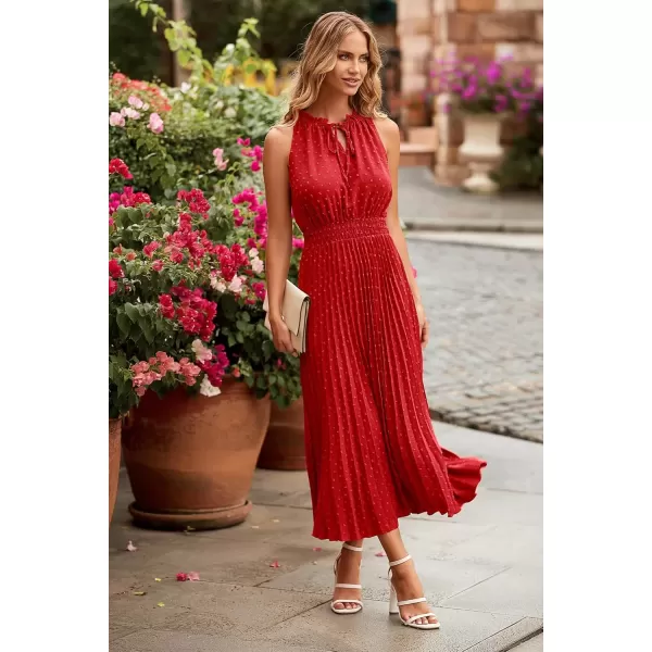 imagePRETTYGARDEN Womens Midi Summer Dresses Casual V Neck Swiss Dot Ruffle Sleeveless A Line Beach Sun DressRed