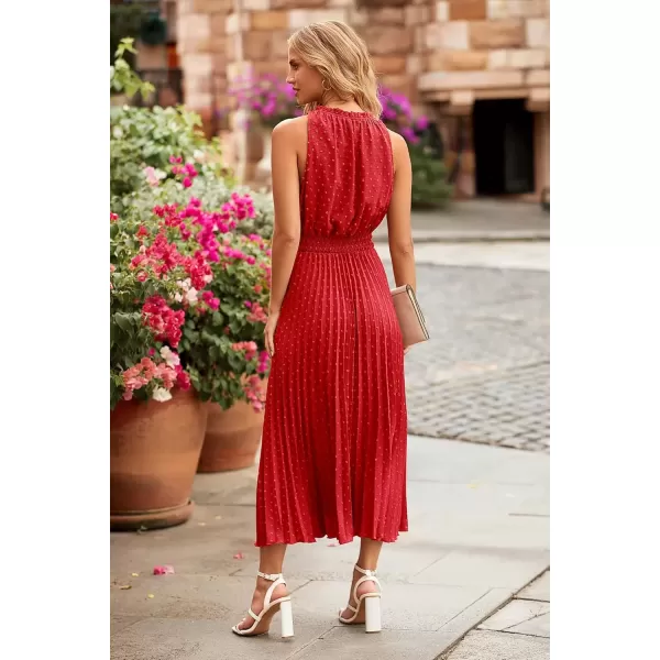 imagePRETTYGARDEN Womens Midi Summer Dresses Casual V Neck Swiss Dot Ruffle Sleeveless A Line Beach Sun DressRed