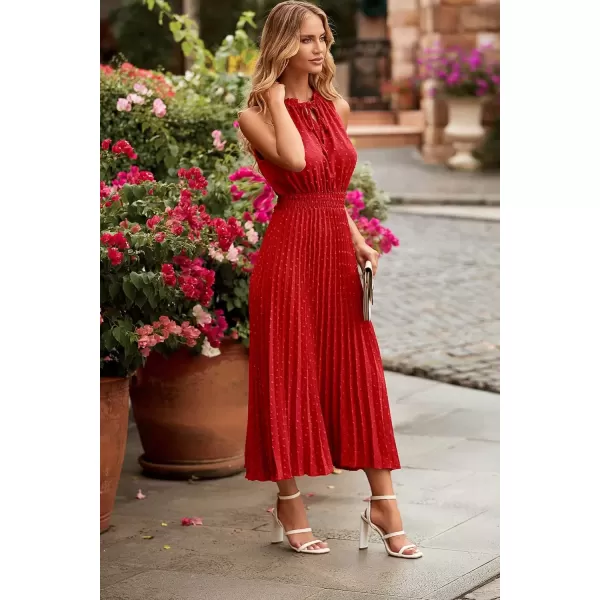 imagePRETTYGARDEN Womens Midi Summer Dresses Casual V Neck Swiss Dot Ruffle Sleeveless A Line Beach Sun DressRed