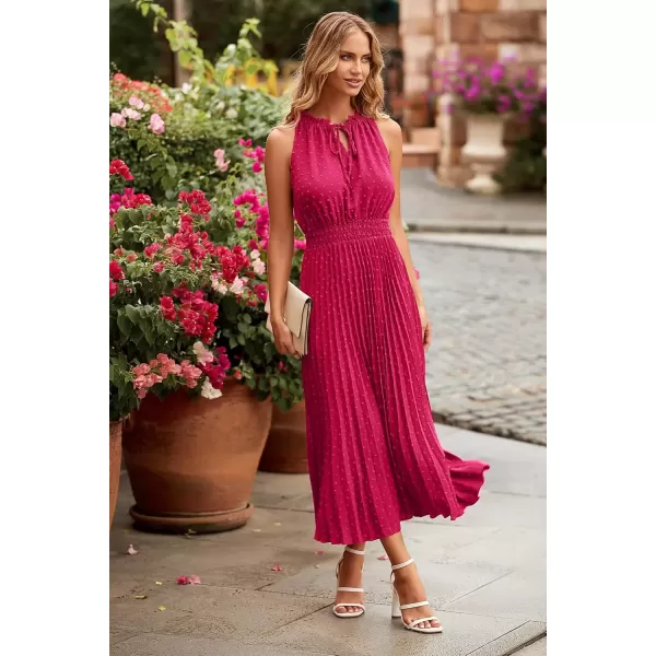 imagePRETTYGARDEN Womens Midi Summer Dresses Casual V Neck Swiss Dot Ruffle Sleeveless A Line Beach Sun DressRose Red