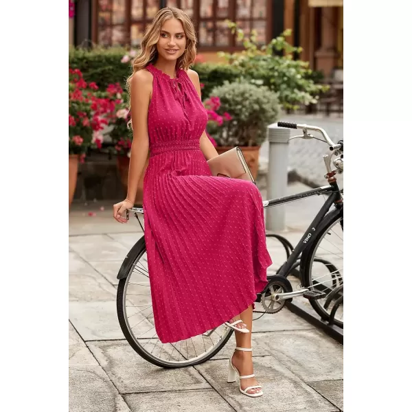 imagePRETTYGARDEN Womens Midi Summer Dresses Casual V Neck Swiss Dot Ruffle Sleeveless A Line Beach Sun DressRose Red
