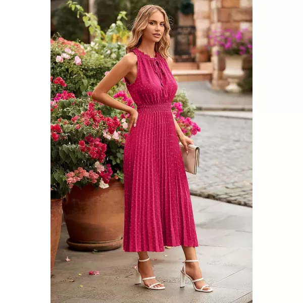 imagePRETTYGARDEN Womens Midi Summer Dresses Casual V Neck Swiss Dot Ruffle Sleeveless A Line Beach Sun DressRose Red