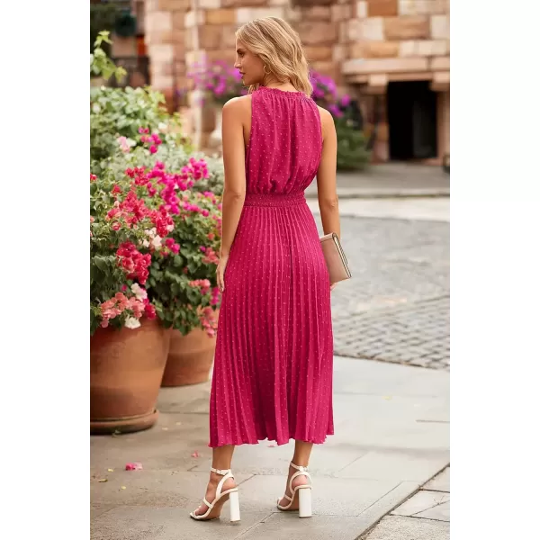 imagePRETTYGARDEN Womens Midi Summer Dresses Casual V Neck Swiss Dot Ruffle Sleeveless A Line Beach Sun DressRose Red