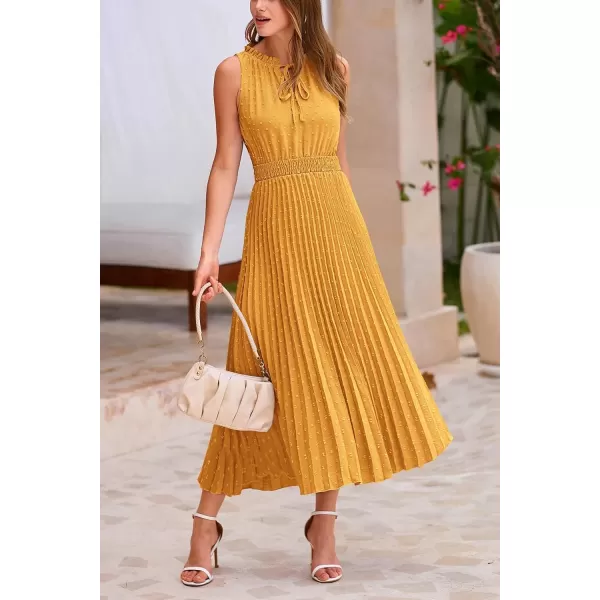 imagePRETTYGARDEN Womens Midi Summer Dresses Casual V Neck Swiss Dot Ruffle Sleeveless A Line Beach Sun DressTurmeric