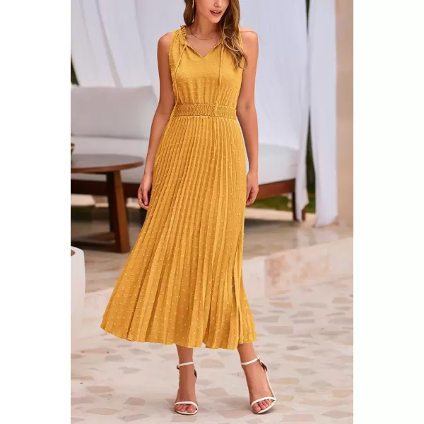 imagePRETTYGARDEN Womens Midi Summer Dresses Casual V Neck Swiss Dot Ruffle Sleeveless A Line Beach Sun DressTurmeric