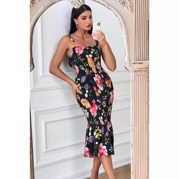 imagePRETTYGARDEN Womens Summer Floral Midi Tank Dress Sleeveless Strappy Ruffle Hem Smocked Bodycon DressesBlack Red Big Floral