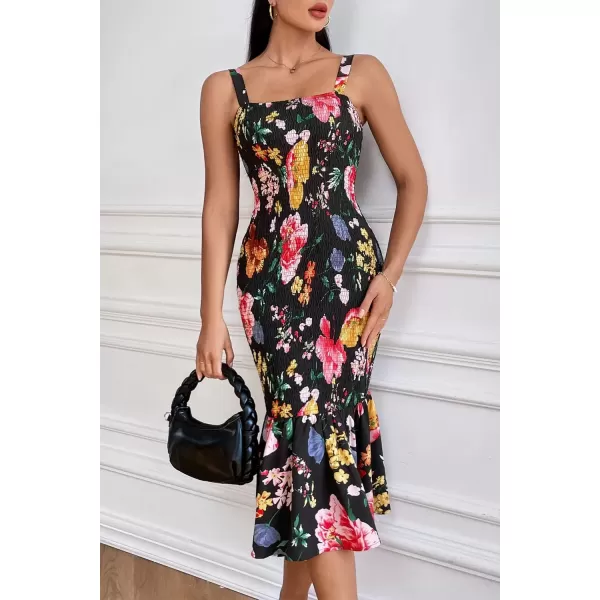 imagePRETTYGARDEN Womens Summer Floral Midi Tank Dress Sleeveless Strappy Ruffle Hem Smocked Bodycon DressesBlack Red Big Floral