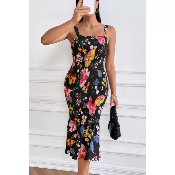 imagePRETTYGARDEN Womens Summer Floral Midi Tank Dress Sleeveless Strappy Ruffle Hem Smocked Bodycon DressesBlack Red Big Floral