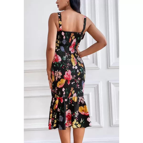 imagePRETTYGARDEN Womens Summer Floral Midi Tank Dress Sleeveless Strappy Ruffle Hem Smocked Bodycon DressesBlack Red Big Floral