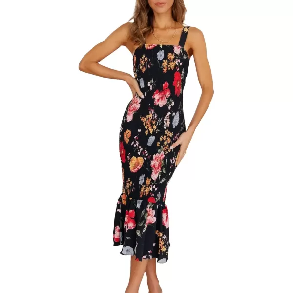 imagePRETTYGARDEN Womens Summer Floral Midi Tank Dress Sleeveless Strappy Ruffle Hem Smocked Bodycon DressesBlack Red Big Floral