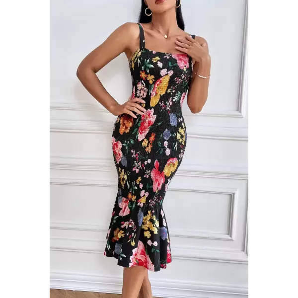 imagePRETTYGARDEN Womens Summer Floral Midi Tank Dress Sleeveless Strappy Ruffle Hem Smocked Bodycon DressesBlack Red Big Floral