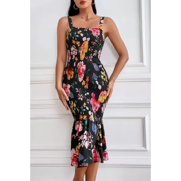 imagePRETTYGARDEN Womens Summer Floral Midi Tank Dress Sleeveless Strappy Ruffle Hem Smocked Bodycon DressesBlack Red Big Floral