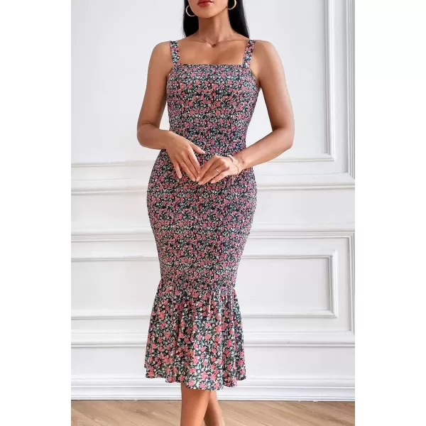 imagePRETTYGARDEN Womens Summer Floral Midi Tank Dress Sleeveless Strappy Ruffle Hem Smocked Bodycon DressesBlack Red Floral