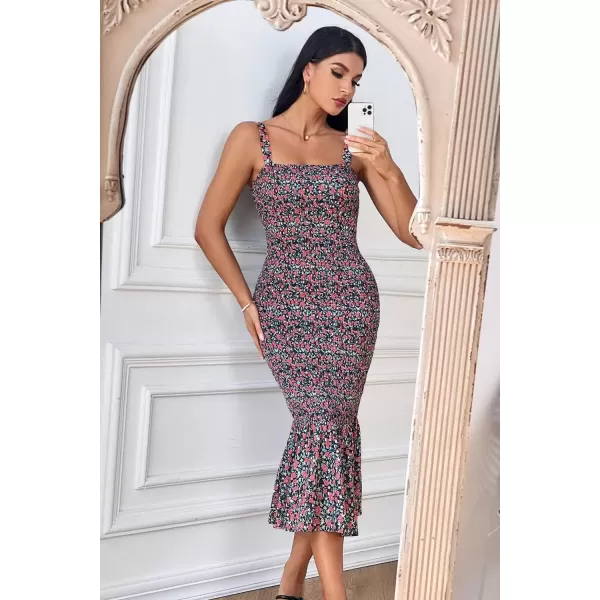 imagePRETTYGARDEN Womens Summer Floral Midi Tank Dress Sleeveless Strappy Ruffle Hem Smocked Bodycon DressesBlack Red Floral