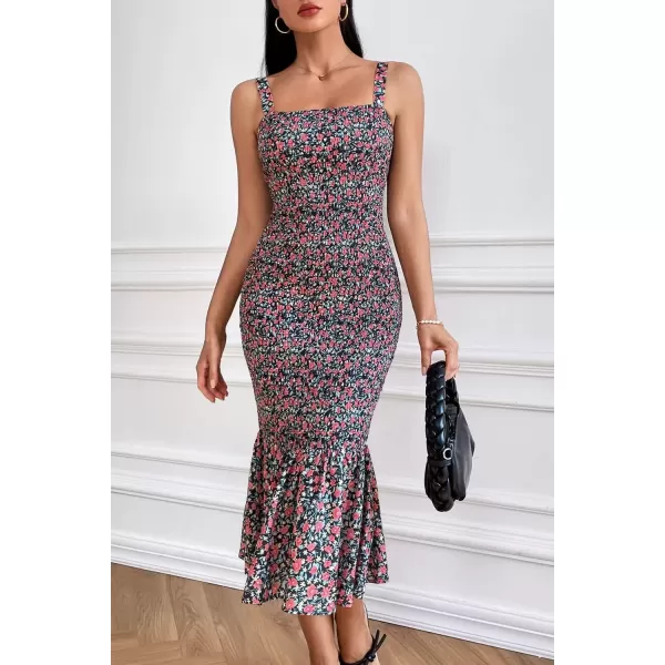 imagePRETTYGARDEN Womens Summer Floral Midi Tank Dress Sleeveless Strappy Ruffle Hem Smocked Bodycon DressesBlack Red Floral